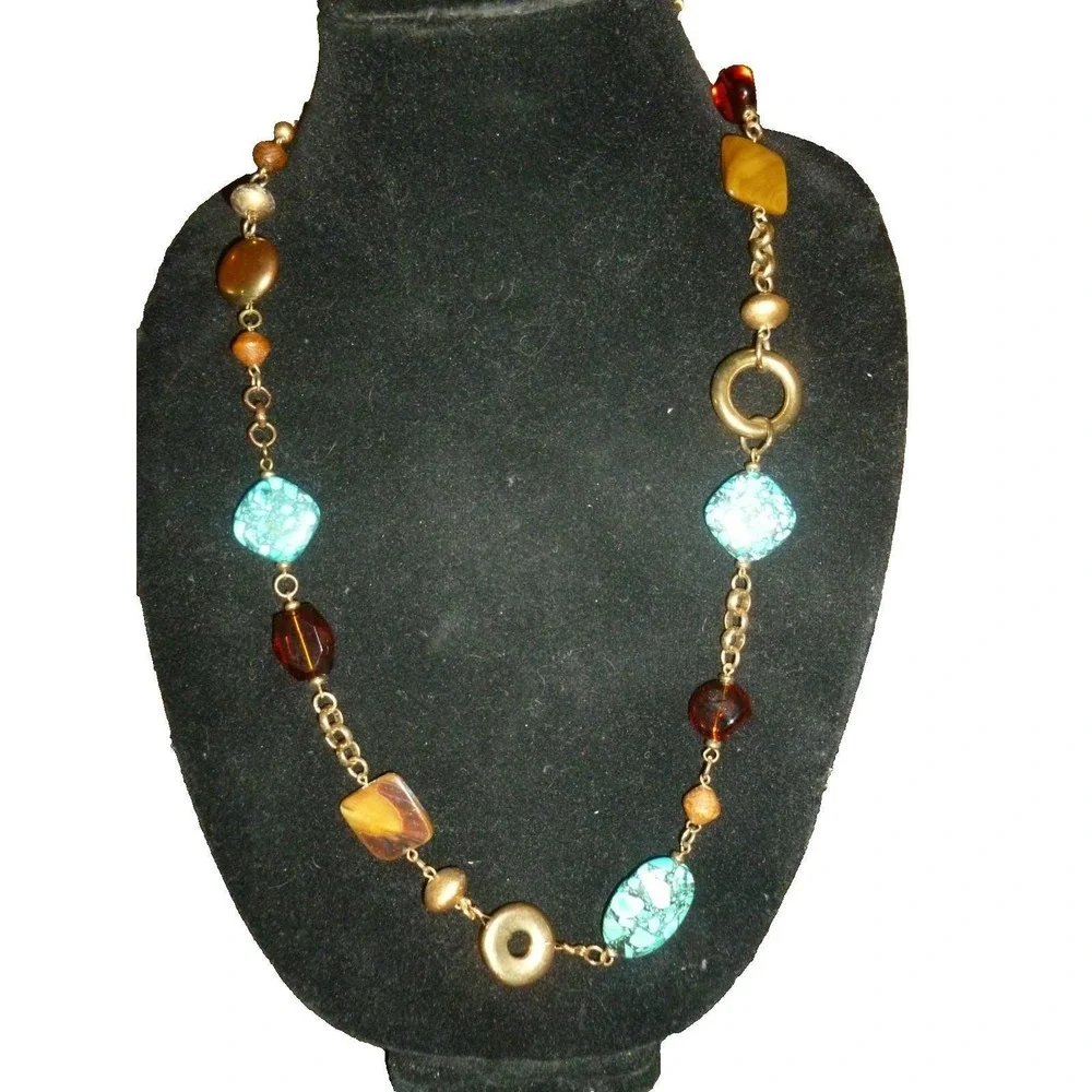 Boho‎ Chunky Faux Turquoise Colorful Lucite Gold Tone Long  Statement Necklace